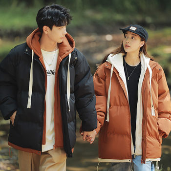 Talvised uued meeste ja naiste Hongkongi stiilis Tide kaubamärgi puuvillast polsterdatud riided noorpaarile, moodne vabaaja soe kapuutsiga jope