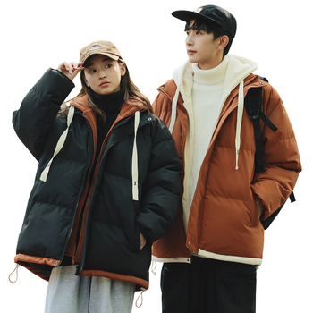 Talvised uued meeste ja naiste Hongkongi stiilis Tide kaubamärgi puuvillast polsterdatud riided noorpaarile, moodne vabaaja soe kapuutsiga jope