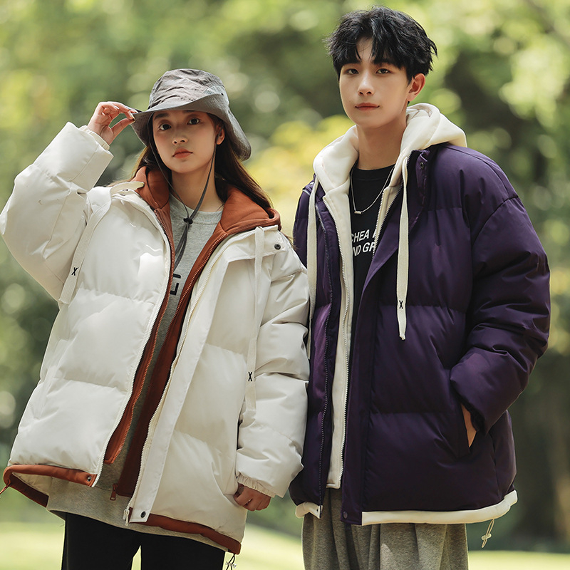 Talvised uued meeste ja naiste Hongkongi stiilis Tide kaubamärgi puuvillast polsterdatud riided noorpaarile, moodne vabaaja soe kapuutsiga jope