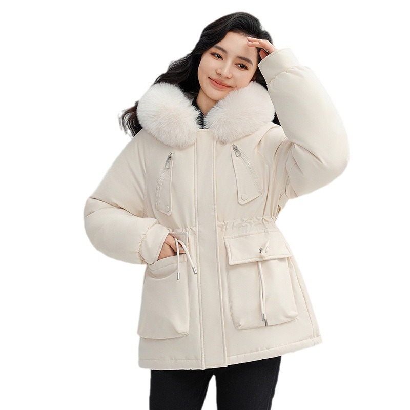 Väliskaubanduse puuvillapolstriga naiste 2024. aasta talve uus Korea versioon lahtisest puuvillapolstriga fliisvoodriga paksendatud haugi puuvillapolstriga jopest