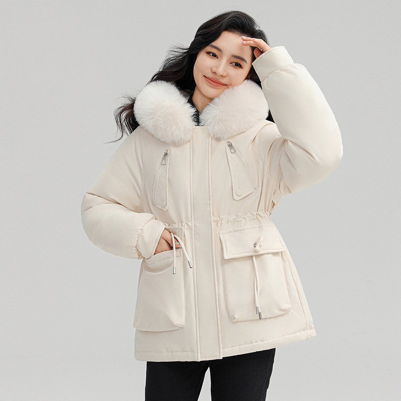 Väliskaubanduse puuvillapolstriga naiste 2024. aasta talve uus Korea versioon lahtisest puuvillapolstriga fliisvoodriga paksendatud haugi puuvillapolstriga jopest