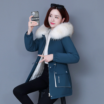 Naiste parka talvine puuvillase polstriga mantel, uus, keskmise pikkusega, õhuke, salendav puuvillase polstriga mantel, kapuutsiga, suure karusnahast kraega, populaarne puuvillase polstriga jakk