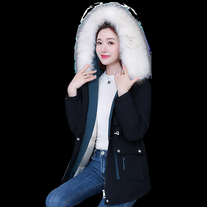Naiste parka talvine puuvillase polstriga mantel, uus, keskmise pikkusega, õhuke, salendav puuvillase polstriga mantel, kapuutsiga, suure karusnahast kraega, populaarne puuvillase polstriga jakk