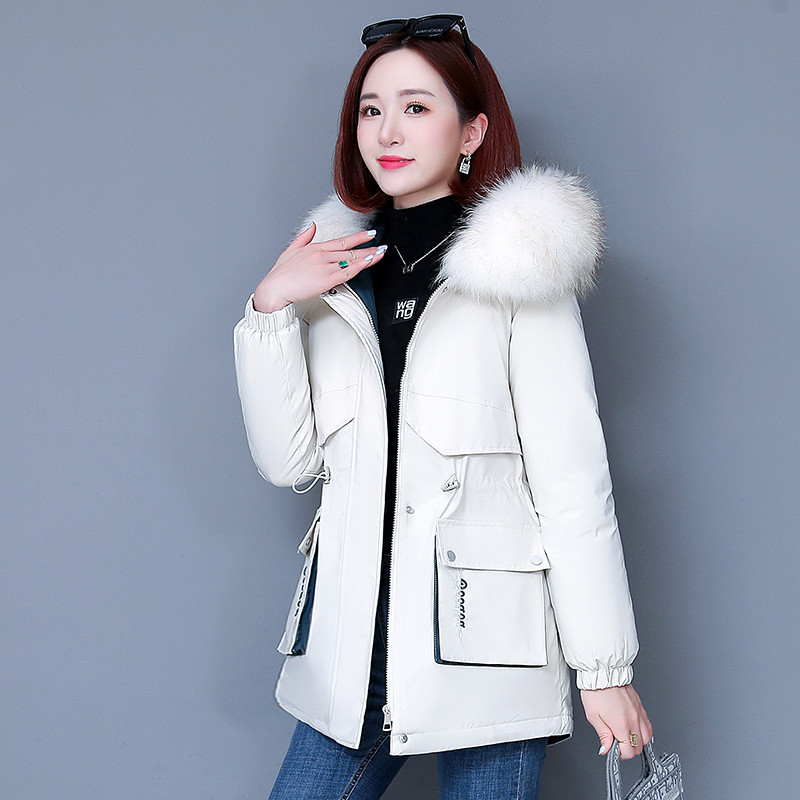 Naiste parka talvine puuvillase polstriga mantel, uus, keskmise pikkusega, õhuke, salendav puuvillase polstriga mantel, kapuutsiga, suure karusnahast kraega, populaarne puuvillase polstriga jakk