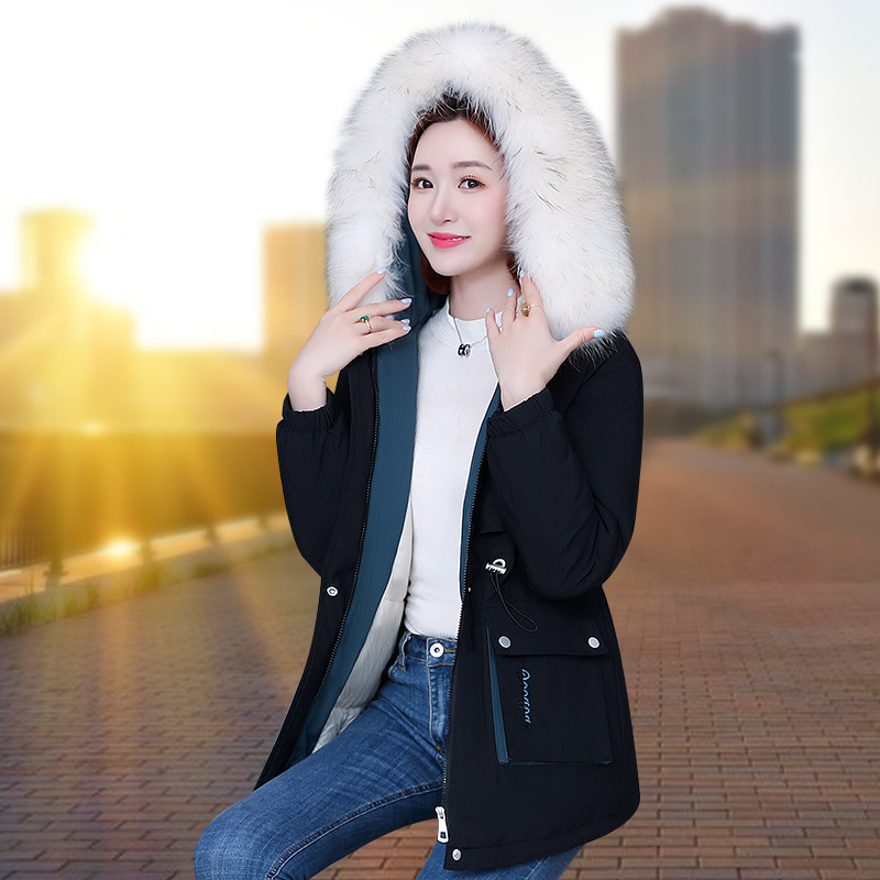 Naiste parka talvine puuvillase polstriga mantel, uus, keskmise pikkusega, õhuke, salendav puuvillase polstriga mantel, kapuutsiga, suure karusnahast kraega, populaarne puuvillase polstriga jakk