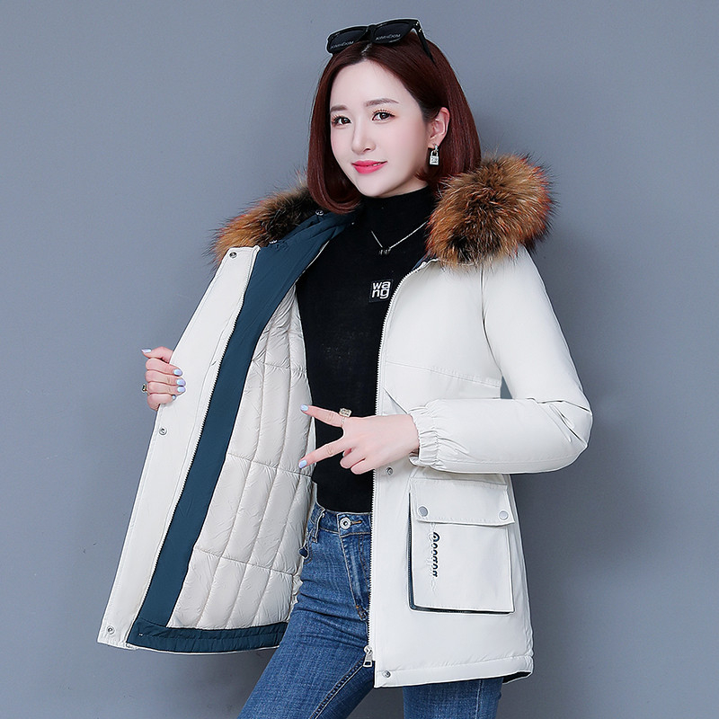 Naiste parka talvine puuvillase polstriga mantel, uus, keskmise pikkusega, õhuke, salendav puuvillase polstriga mantel, kapuutsiga, suure karusnahast kraega, populaarne puuvillase polstriga jakk