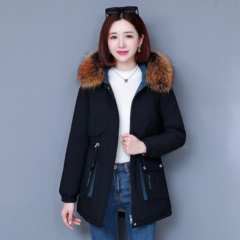 Naiste parka talvine puuvillase polstriga mantel, uus, keskmise pikkusega, õhuke, salendav puuvillase polstriga mantel, kapuutsiga, suure karusnahast kraega, populaarne puuvillase polstriga jakk