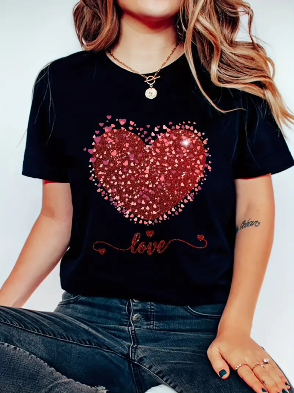 Prekogranični TEMU Besplatna dostava Ženski top kratkih rukava Amazon AliExpress Shrimp Skin Europski i američki Valentinovo Ljubavni okrugli izrez Ženski top