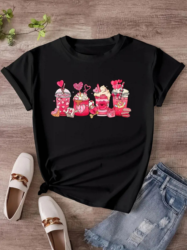 Prekogranični TEMU Besplatna dostava Ženski top kratkih rukava Amazon AliExpress Shrimp Skin Europski i američki Valentinovo Ljubavni okrugli izrez Ženski top