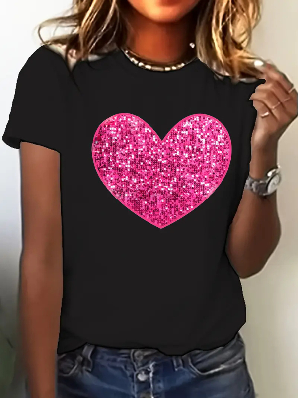 Prekogranični TEMU Besplatna dostava Ženski top kratkih rukava Amazon AliExpress Shrimp Skin Europski i američki Valentinovo Ljubavni okrugli izrez Ženski top