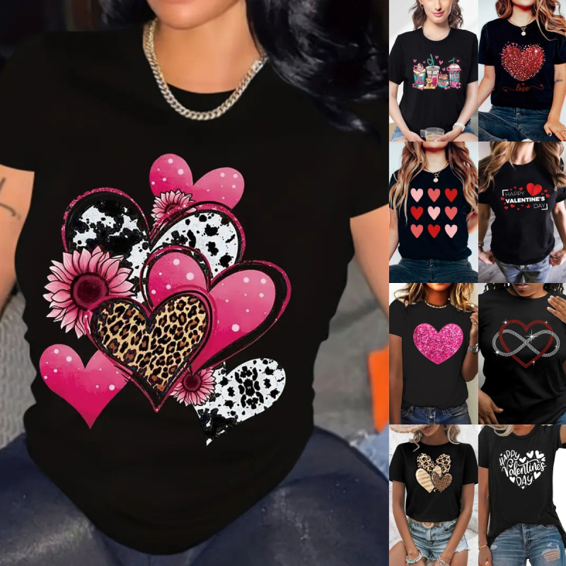 Prekogranični TEMU Besplatna dostava Ženski top kratkih rukava Amazon AliExpress Shrimp Skin Europski i američki Valentinovo Ljubavni okrugli izrez Ženski top