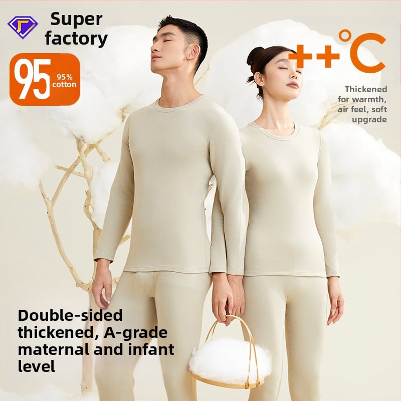 Sustorinti medvilniniai terminiai apatiniai vyriški ir moteriški rudens drabužiai ir kelnės, tinkantys prie vilnos pamušalo poroms, medvilninis megztinis