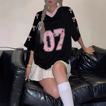 Tricou de damă cu guler în V, stil european și american, stil retro, cu imprimeu digital, stil all-match, casual, vrac