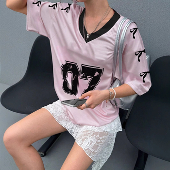 Tricou de damă cu guler în V, stil european și american, stil retro, cu imprimeu digital, stil all-match, casual, vrac