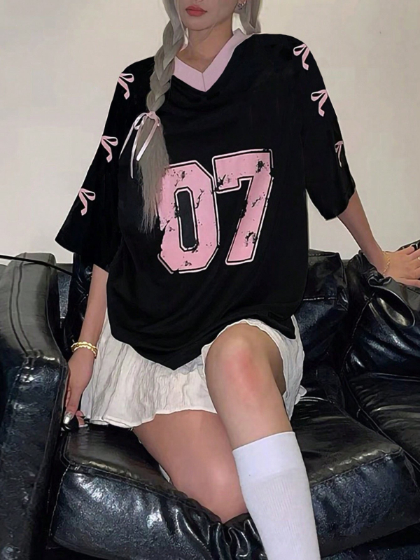 Tricou de damă cu guler în V, stil european și american, stil retro, cu imprimeu digital, stil all-match, casual, vrac