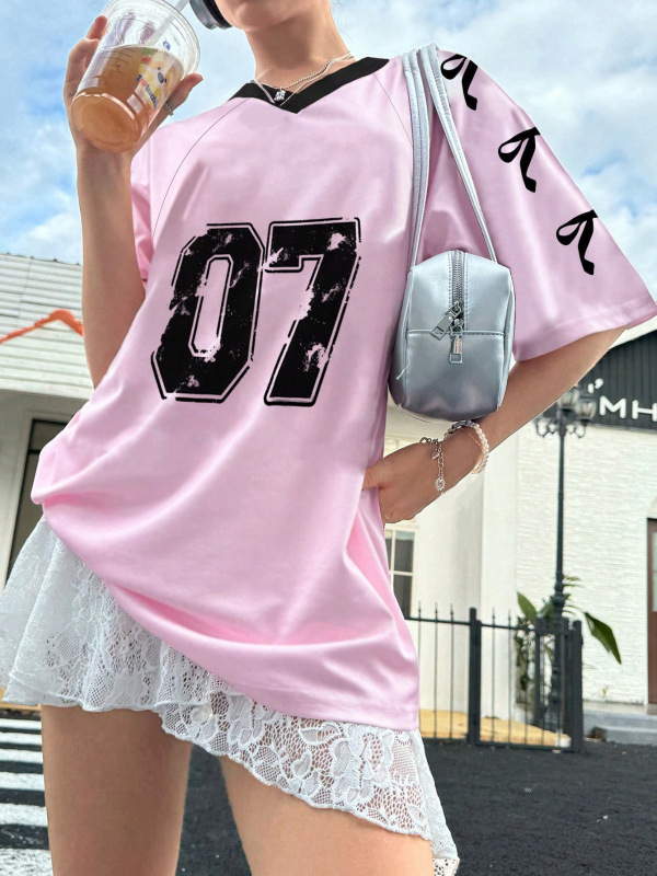 Tricou de damă cu guler în V, stil european și american, stil retro, cu imprimeu digital, stil all-match, casual, vrac