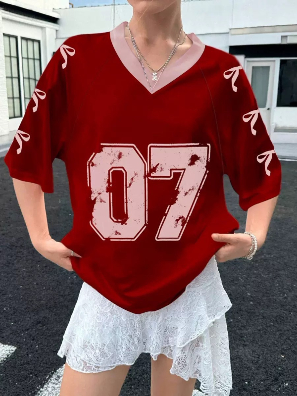 Tricou de damă cu guler în V, stil european și american, stil retro, cu imprimeu digital, stil all-match, casual, vrac