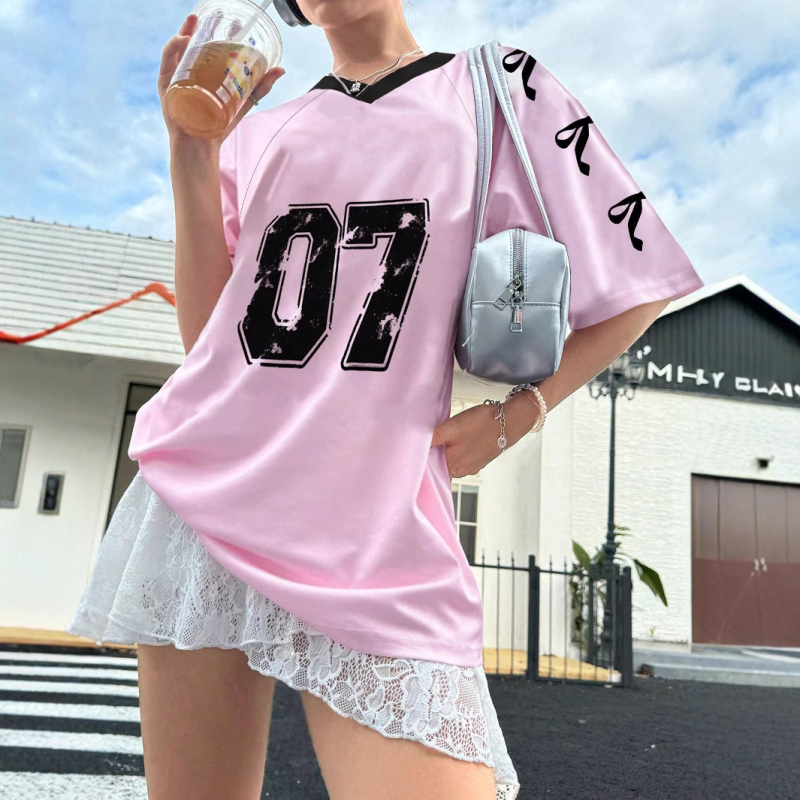 Tricou de damă cu guler în V, stil european și american, stil retro, cu imprimeu digital, stil all-match, casual, vrac