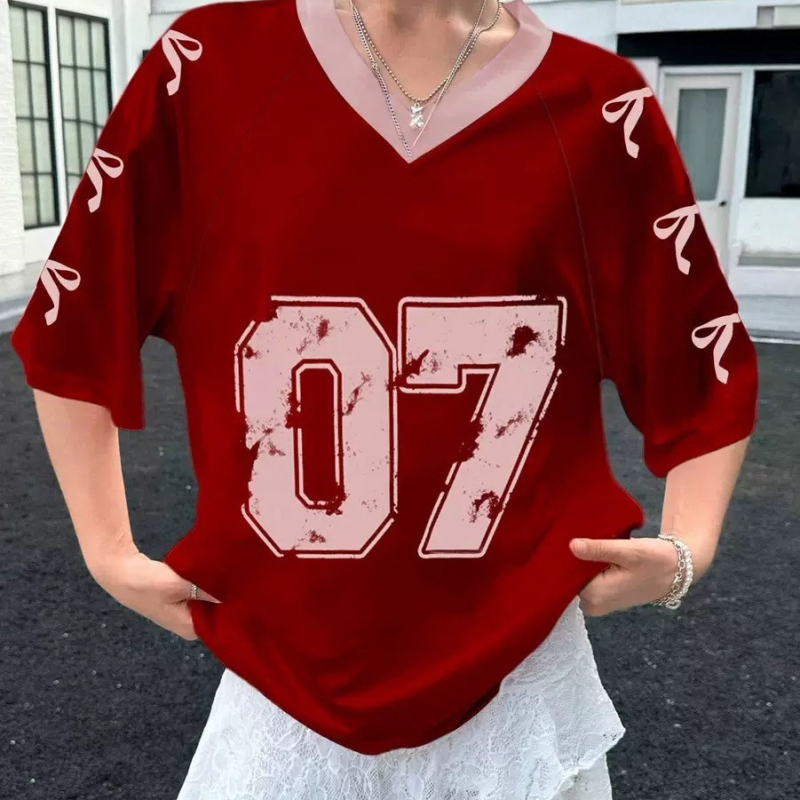 Tricou de damă cu guler în V, stil european și american, stil retro, cu imprimeu digital, stil all-match, casual, vrac