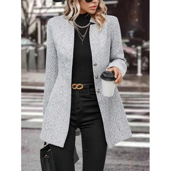 Jachetă de lână casual pentru femei, cu mânecă lungă și guler înalt, de culoare pură, transfrontalieră europeană și americană 2024Temu, nouă, cu guler înalt și nasturi, Windbreaker, la modă