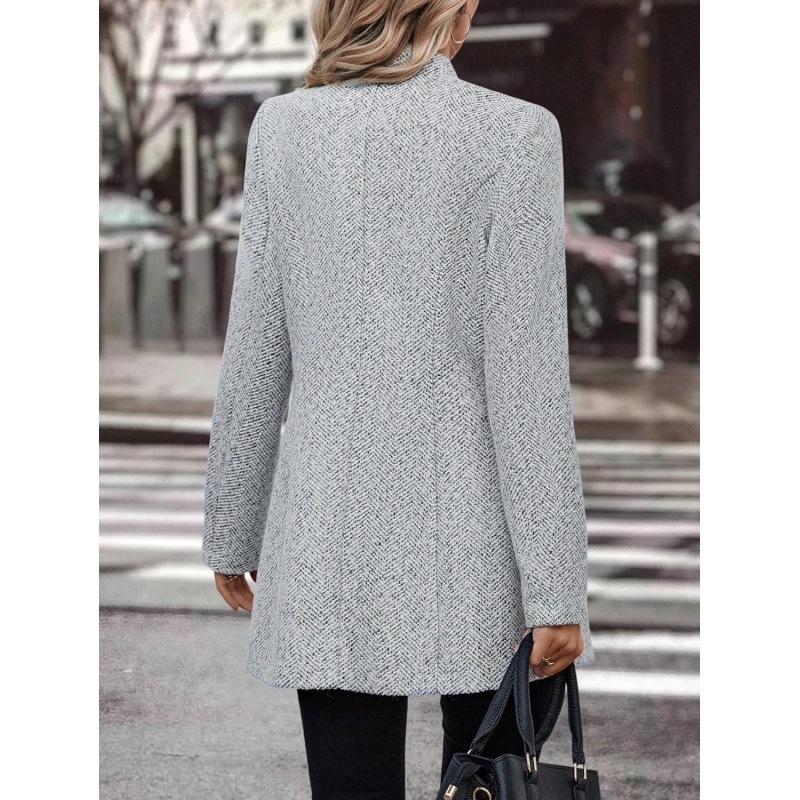 Jachetă de lână casual pentru femei, cu mânecă lungă și guler înalt, de culoare pură, transfrontalieră europeană și americană 2024Temu, nouă, cu guler înalt și nasturi, Windbreaker, la modă