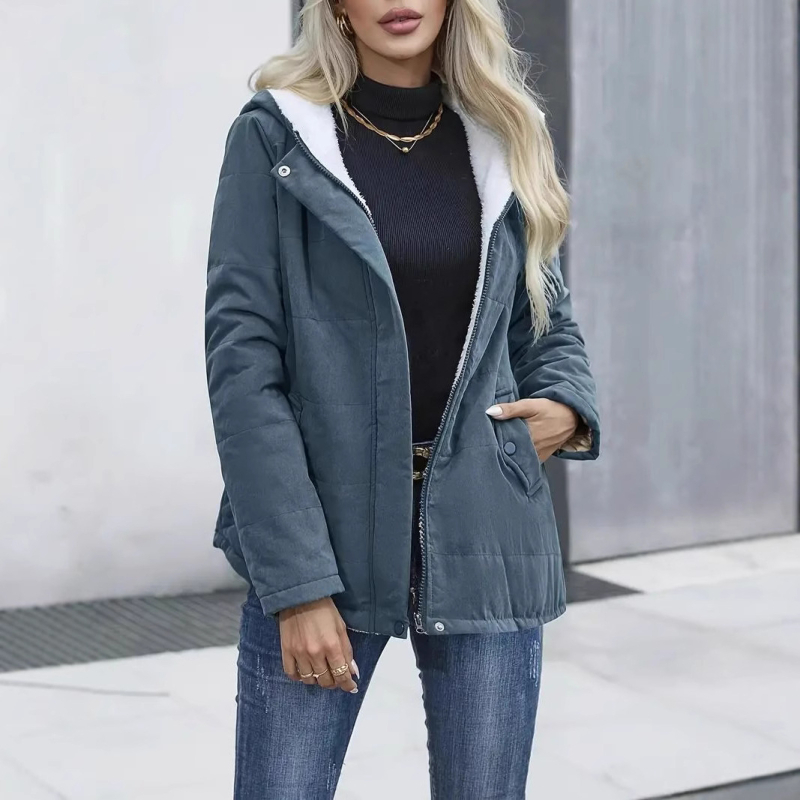 2025 m. rudens ir žiemos korėjietiško stiliaus aksominis sustorintas moteriškas medvilninis viršutinis drabužis su gobtuvu, „Preppy“ stiliaus ilgomis rankovėmis, duonos formos viršutinis medvilninis švarkas