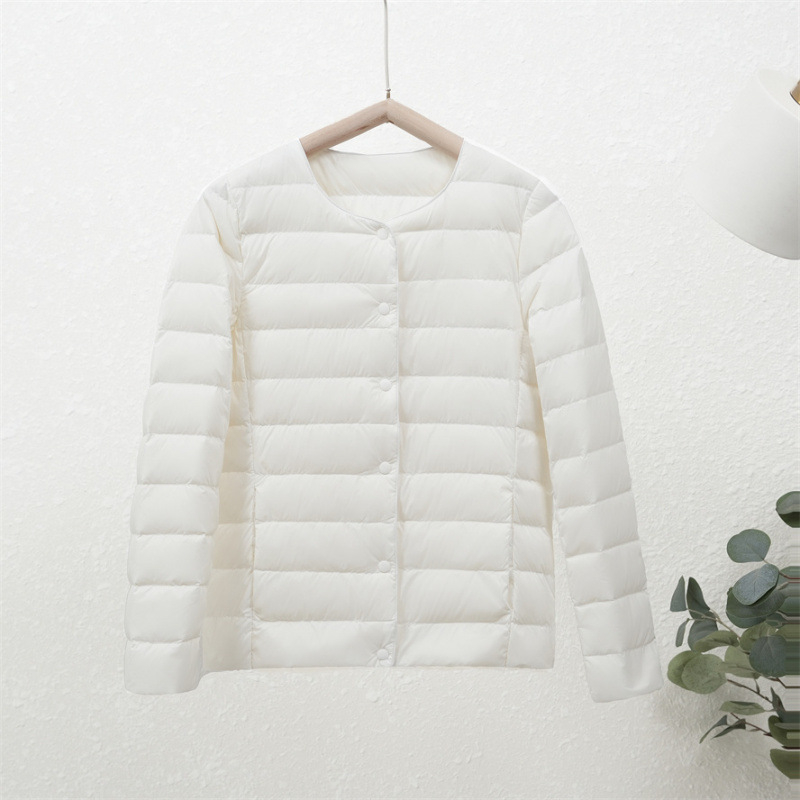 90-es fehér kacsapehely új őszi-téli könnyű pehelykabát női kerek nyakú béléssel, plus size könnyű, meleg, rövid gallér nélküli kabát