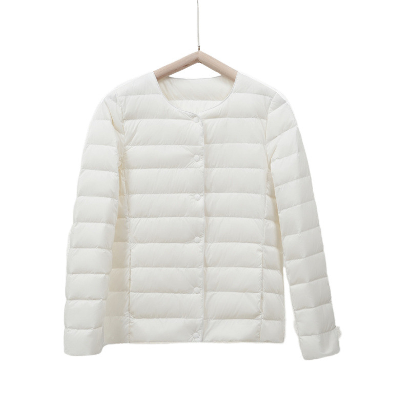90-es fehér kacsapehely új őszi-téli könnyű pehelykabát női kerek nyakú béléssel, plus size könnyű, meleg, rövid gallér nélküli kabát