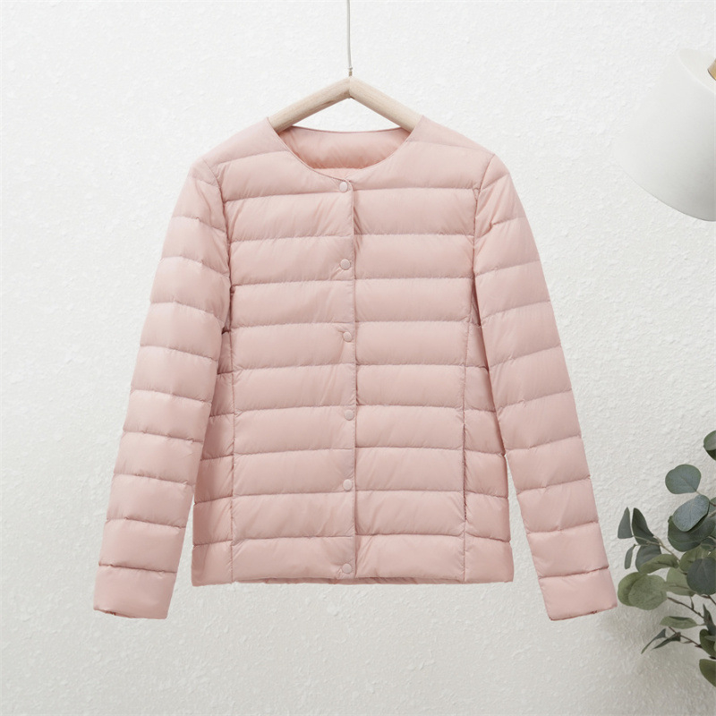 90-es fehér kacsapehely új őszi-téli könnyű pehelykabát női kerek nyakú béléssel, plus size könnyű, meleg, rövid gallér nélküli kabát