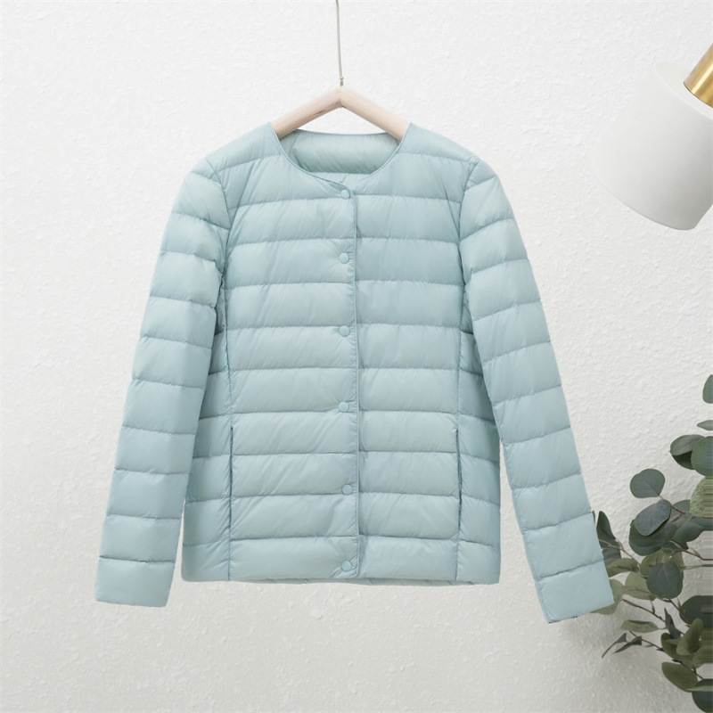 90-es fehér kacsapehely új őszi-téli könnyű pehelykabát női kerek nyakú béléssel, plus size könnyű, meleg, rövid gallér nélküli kabát
