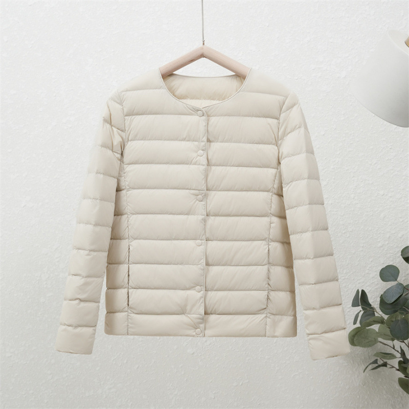 90-es fehér kacsapehely új őszi-téli könnyű pehelykabát női kerek nyakú béléssel, plus size könnyű, meleg, rövid gallér nélküli kabát