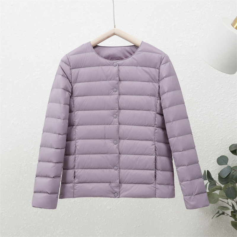 90-es fehér kacsapehely új őszi-téli könnyű pehelykabát női kerek nyakú béléssel, plus size könnyű, meleg, rövid gallér nélküli kabát