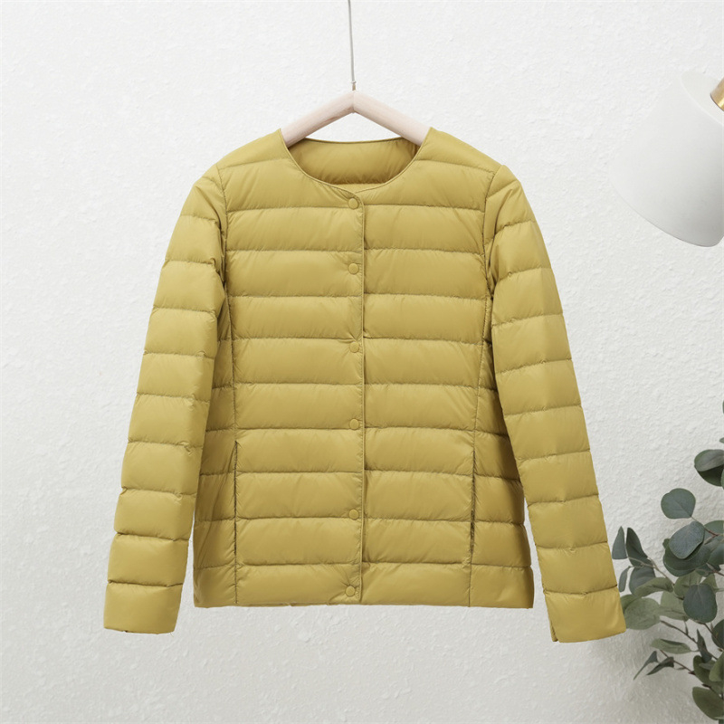 90-es fehér kacsapehely új őszi-téli könnyű pehelykabát női kerek nyakú béléssel, plus size könnyű, meleg, rövid gallér nélküli kabát