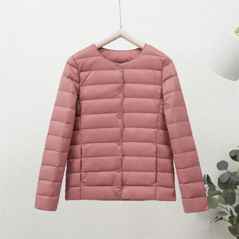 90-es fehér kacsapehely új őszi-téli könnyű pehelykabát női kerek nyakú béléssel, plus size könnyű, meleg, rövid gallér nélküli kabát