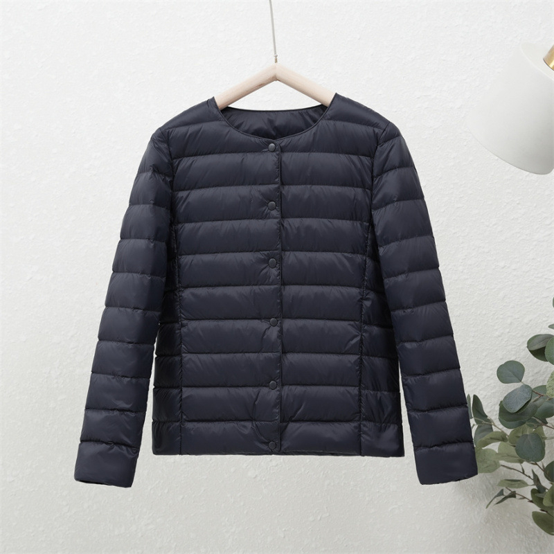 90-es fehér kacsapehely új őszi-téli könnyű pehelykabát női kerek nyakú béléssel, plus size könnyű, meleg, rövid gallér nélküli kabát