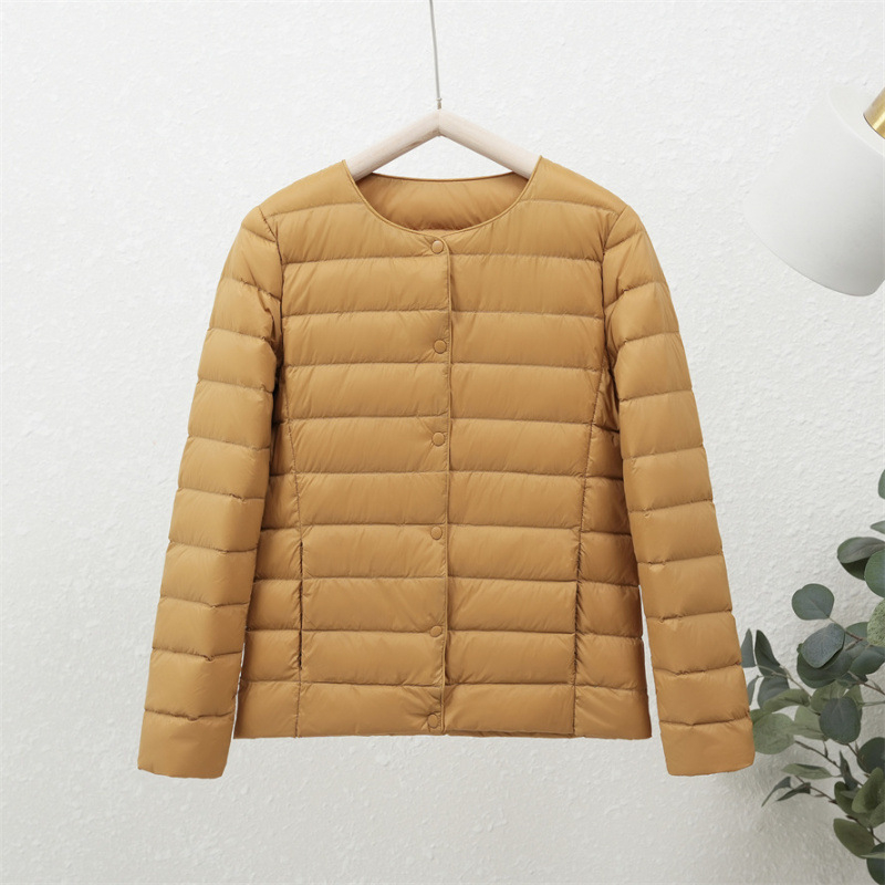 90-es fehér kacsapehely új őszi-téli könnyű pehelykabát női kerek nyakú béléssel, plus size könnyű, meleg, rövid gallér nélküli kabát