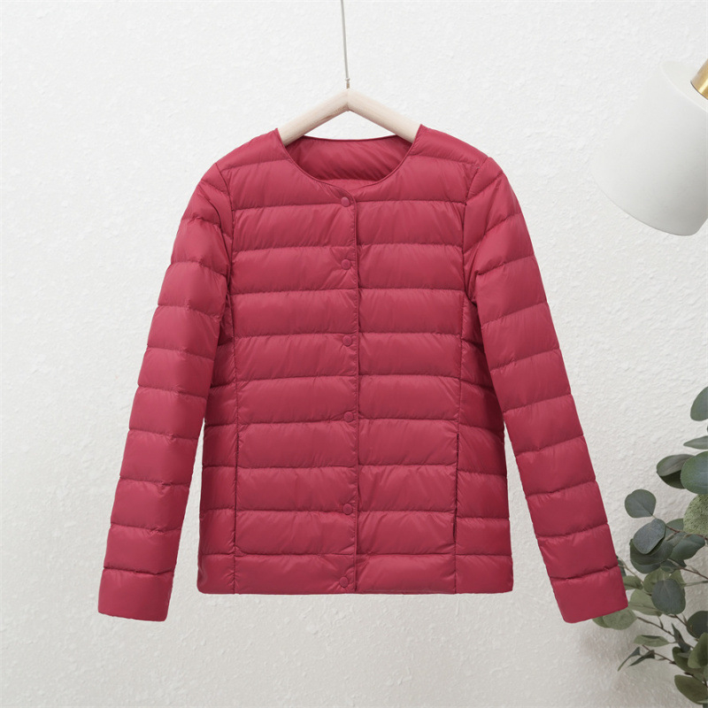 90-es fehér kacsapehely új őszi-téli könnyű pehelykabát női kerek nyakú béléssel, plus size könnyű, meleg, rövid gallér nélküli kabát