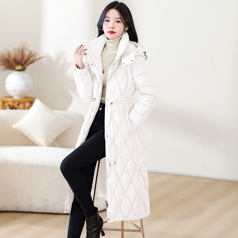 Talvine uus Euroopa ja Ameerika sulejope puuvillapolstriga naiste pikkade üle põlve ulatuvate varrukatega eemaldatav Korea stiilis saleda lõikega salendav vöökoht puuvillapolstriga mantel