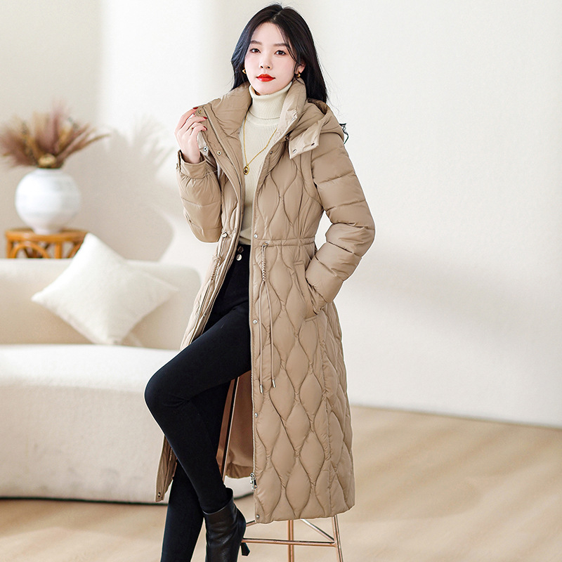 Talvine uus Euroopa ja Ameerika sulejope puuvillapolstriga naiste pikkade üle põlve ulatuvate varrukatega eemaldatav Korea stiilis saleda lõikega salendav vöökoht puuvillapolstriga mantel