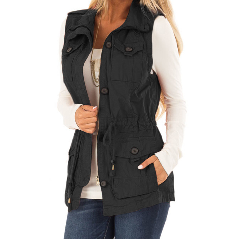 Naiste jakk Amazon European and American 2022 ühevärviline nööpidega retro pingutusnööriga õhuke mitme taskuga kardigan-vest