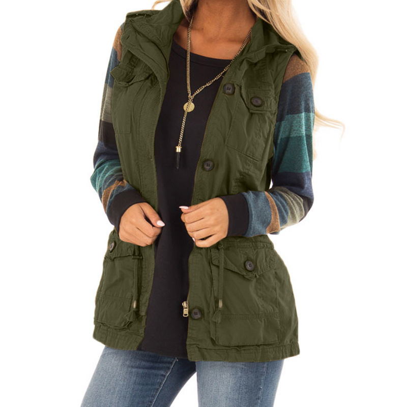 Naiste jakk Amazon European and American 2022 ühevärviline nööpidega retro pingutusnööriga õhuke mitme taskuga kardigan-vest