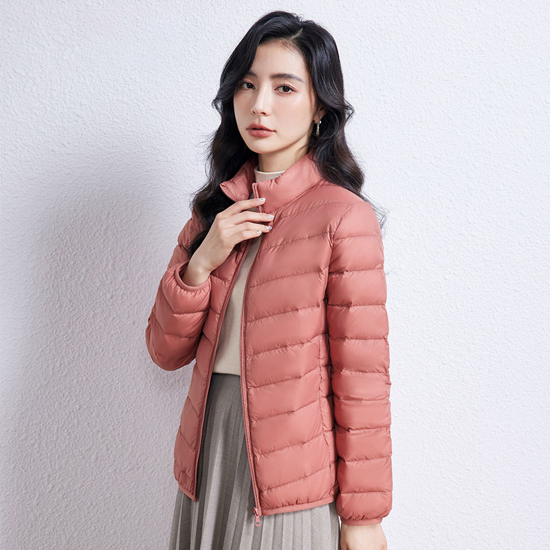 Lengva, trumpa pūkinė striukė moterims, 2024 m., nauja, vertikalia apykakle, gobtuvu, plius 90 dydžio, baltas, ančių pūkų madingas žieminis paltas.