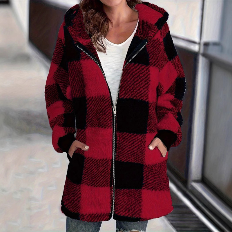 Europietiškas ir amerikietiškas pliušinis moteriškas paltas, naujas „Amazon“ ilgomis rankovėmis, languotas, su užtrauktuku ir kišene, laisvas paltas