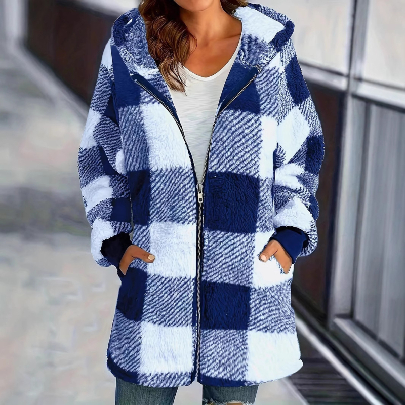 Europietiškas ir amerikietiškas pliušinis moteriškas paltas, naujas „Amazon“ ilgomis rankovėmis, languotas, su užtrauktuku ir kišene, laisvas paltas