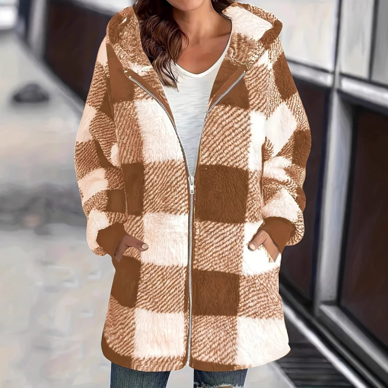 Europietiškas ir amerikietiškas pliušinis moteriškas paltas, naujas „Amazon“ ilgomis rankovėmis, languotas, su užtrauktuku ir kišene, laisvas paltas