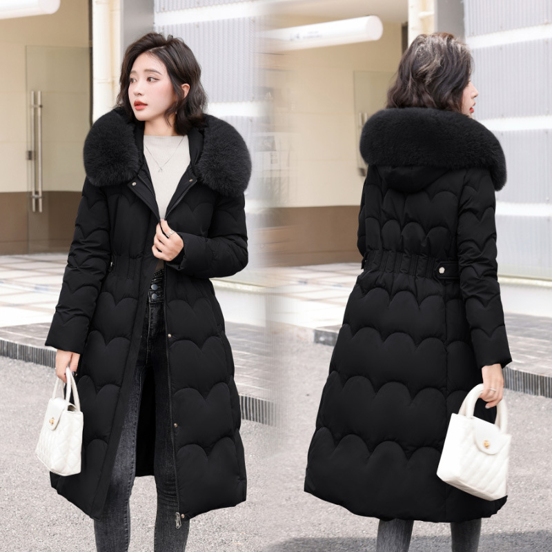 Moteriškas ilgas, iki kelių siekiantis, medvilniniu pamušalu paminkštintas švarkas, naujas korėjietiškas laisvo, storo, plius dydžio palto variantas, 2024 m. žieminis švarkas su medvilniniu pamušalu.