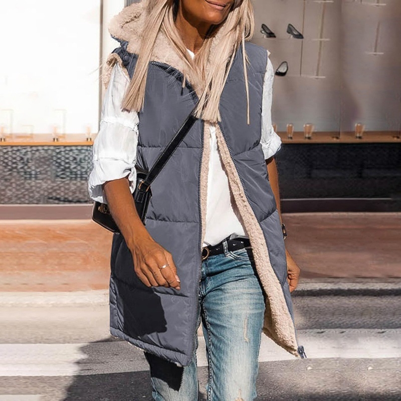 Euroopa ja Ameerika Amazoni populaarne puuvillase polstriga jope naistele 2023. aasta talvine lahtine kahepoolne keskmise pikkusega kapuutsiga puuvillase polstriga vestjakk