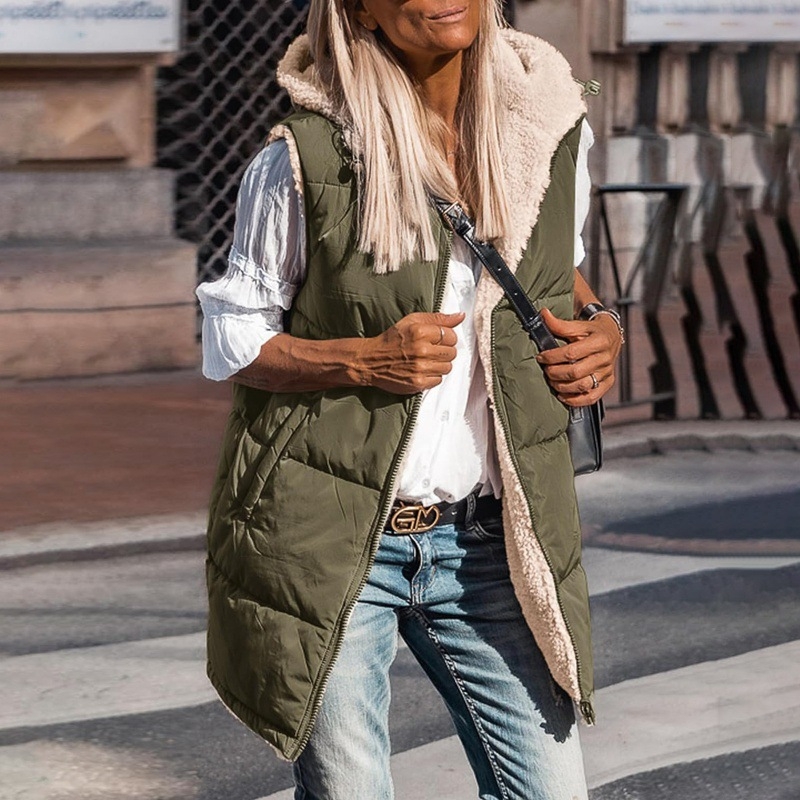 Euroopa ja Ameerika Amazoni populaarne puuvillase polstriga jope naistele 2023. aasta talvine lahtine kahepoolne keskmise pikkusega kapuutsiga puuvillase polstriga vestjakk