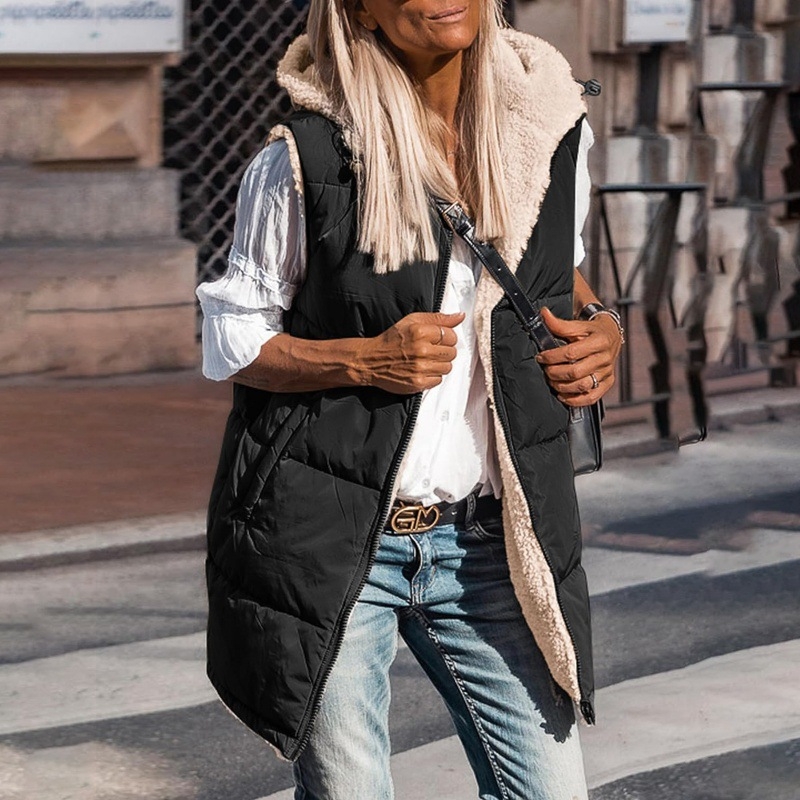 Euroopa ja Ameerika Amazoni populaarne puuvillase polstriga jope naistele 2023. aasta talvine lahtine kahepoolne keskmise pikkusega kapuutsiga puuvillase polstriga vestjakk