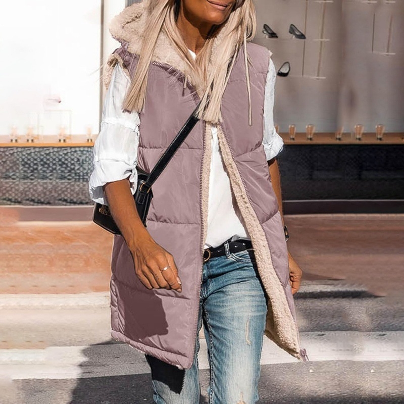 Euroopa ja Ameerika Amazoni populaarne puuvillase polstriga jope naistele 2023. aasta talvine lahtine kahepoolne keskmise pikkusega kapuutsiga puuvillase polstriga vestjakk